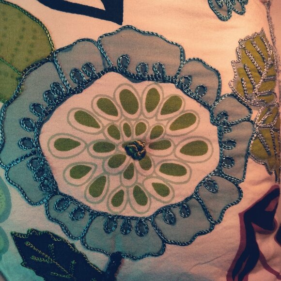 Pier 1 Floral Embroidered Decorative Pillow 15x15 Green Blue Striped Cushion - Picture 4 of 9